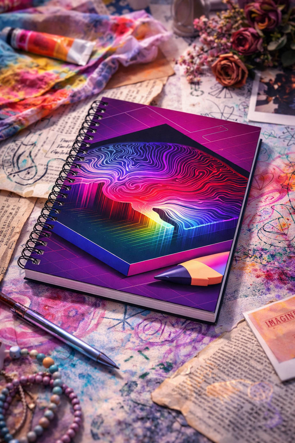 Neon Brain Notebook | AI Abstract Aesthetic Spiral Journal