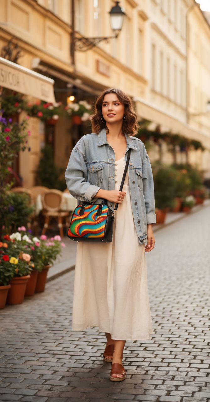 Retro Rainbow Swirl Handbag | Colorful Vintage Style Shoulder Bag