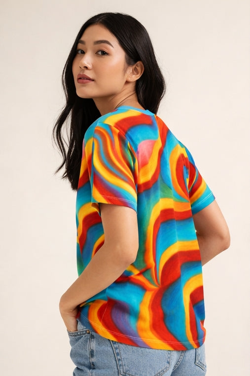 Colorful Abstract T-Shirt | Rainbow Wave All Over Print Tee