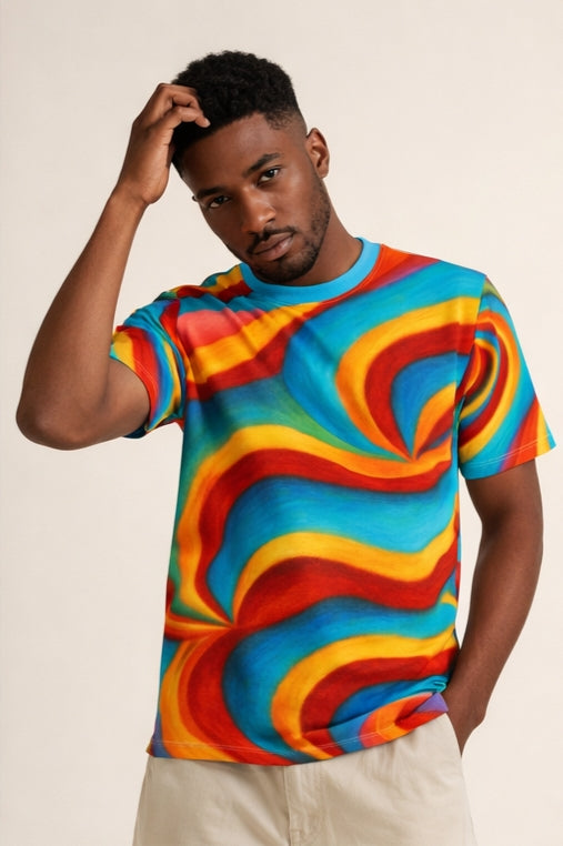 Colorful Abstract T-Shirt | Rainbow Wave All Over Print Tee