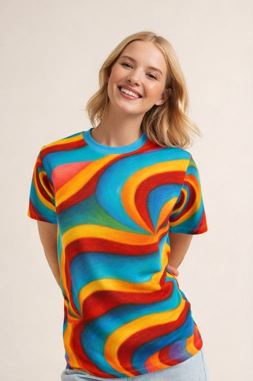 Colorful Abstract T-Shirt | Rainbow Wave All Over Print Tee