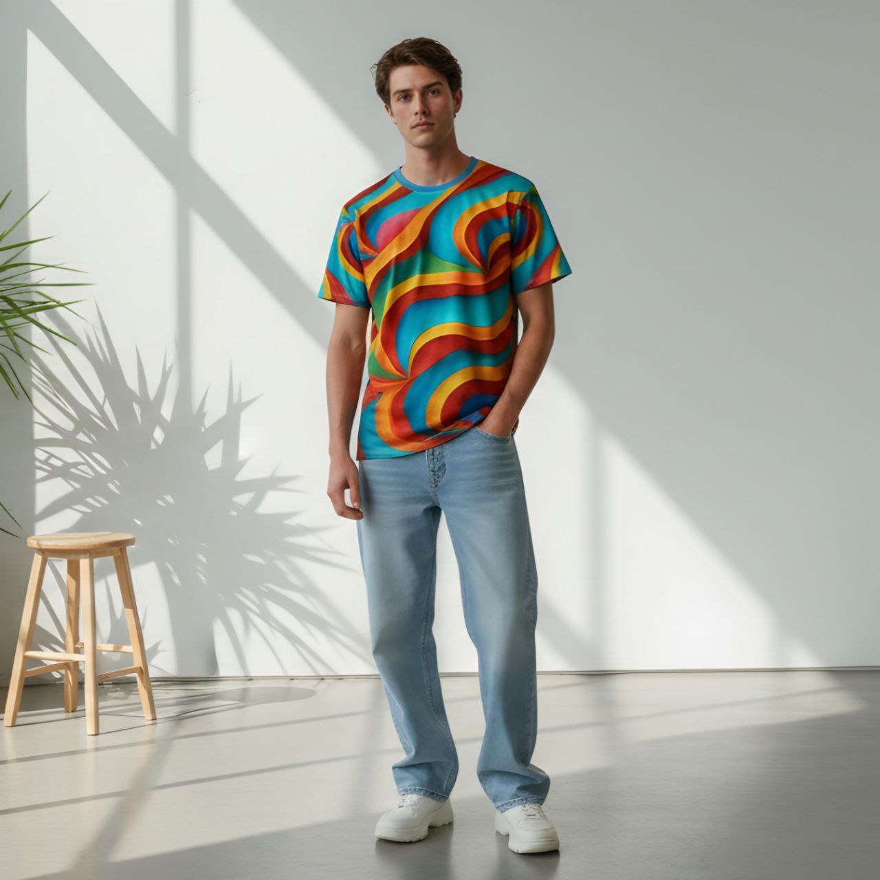 Colorful Abstract T-Shirt | Rainbow Wave All Over Print Tee