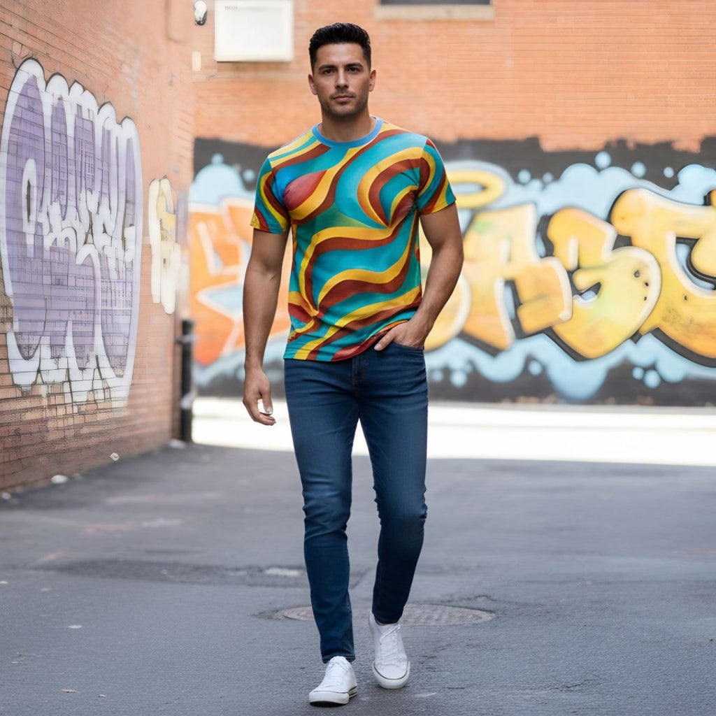 Colorful Abstract T-Shirt | Rainbow Wave All Over Print Tee