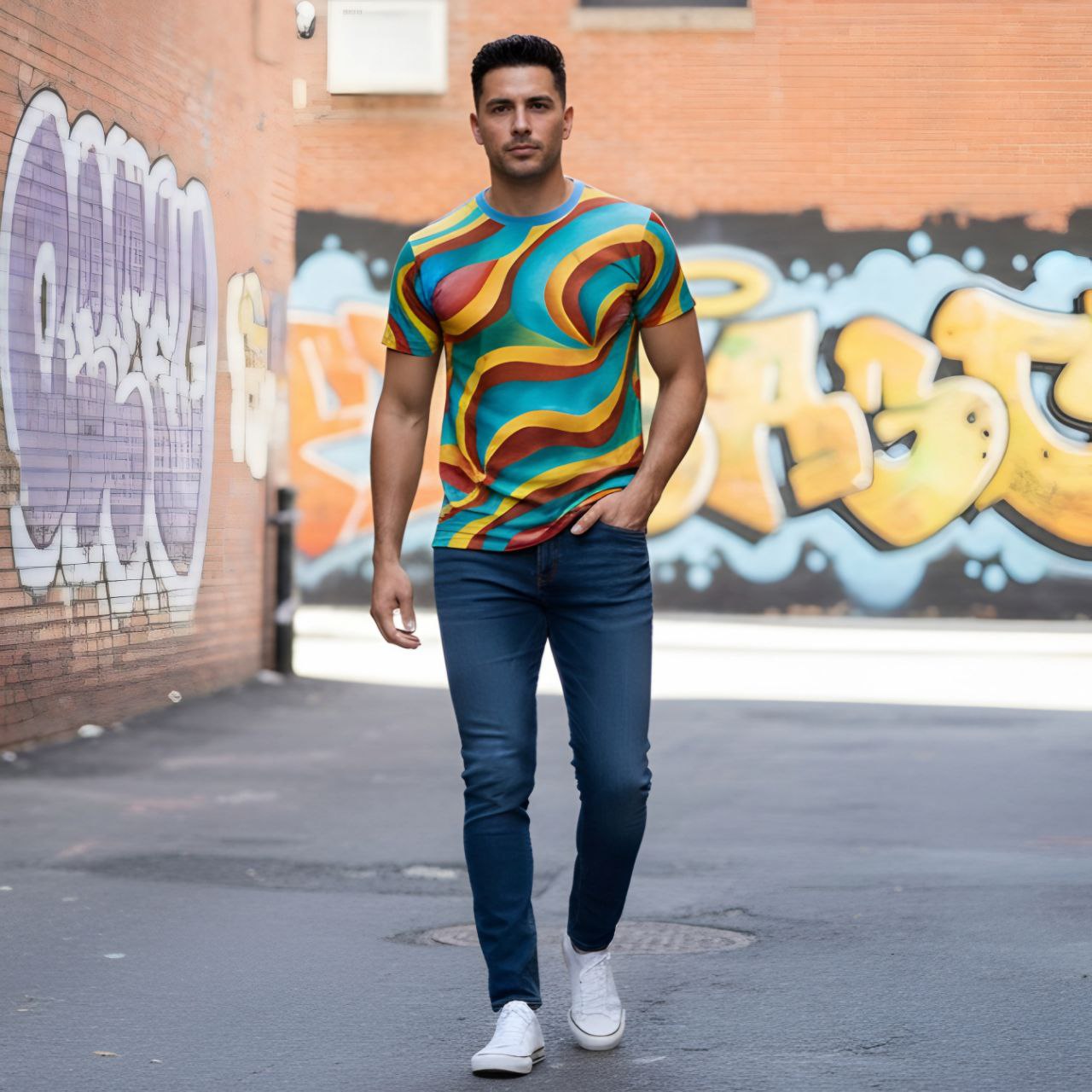 Colorful Abstract T-Shirt | Rainbow Wave All Over Print Tee