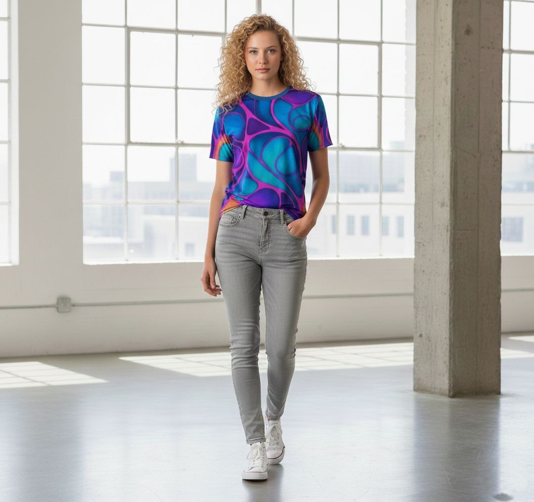 Cosmic Abstract T-Shirt | Turquoise Purple All Over Print Tee