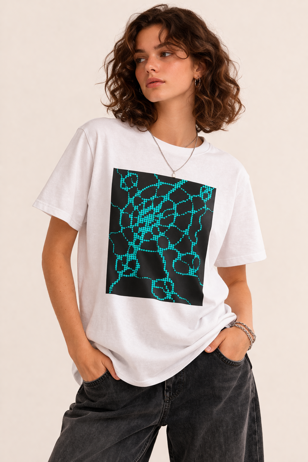 Neural Pattern T-Shirt | Black Turquoise Tech Aesthetic Tee