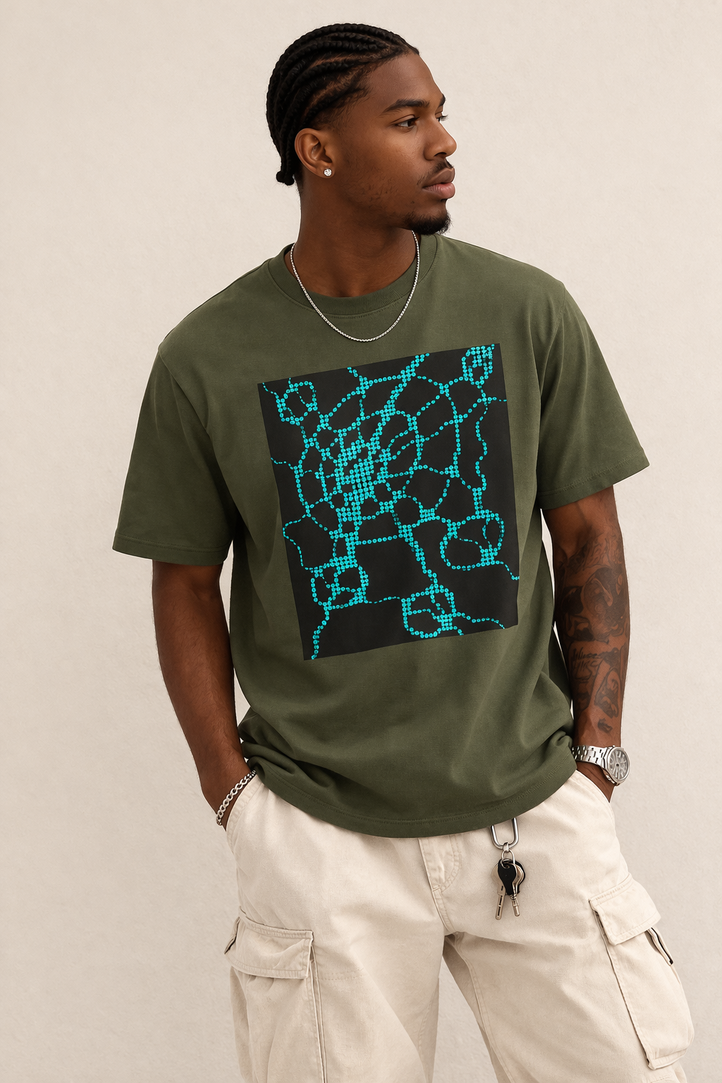 Neural Pattern T-Shirt | Black Turquoise Tech Aesthetic Tee