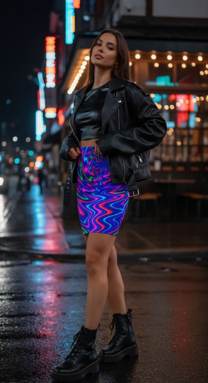 Neon Swirl Mini Skirt | Cyberpunk Bodycon Skirt | Festival Clubwear