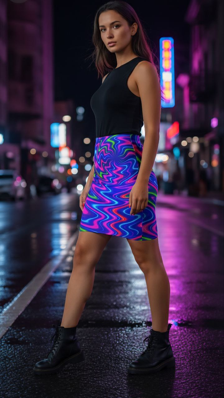 Neon Swirl Mini Skirt | Cyberpunk Bodycon Skirt | Festival Clubwear