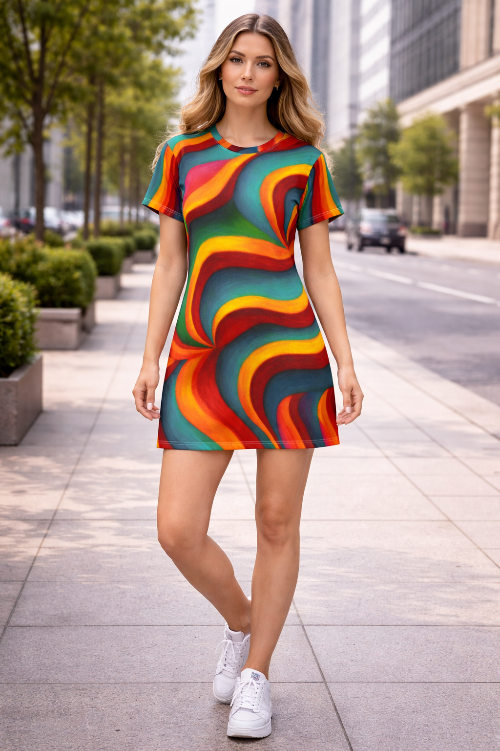 Rainbow Wave T-Shirt Dress | Colorful Bodycon Dress | Summer Casual Outfit