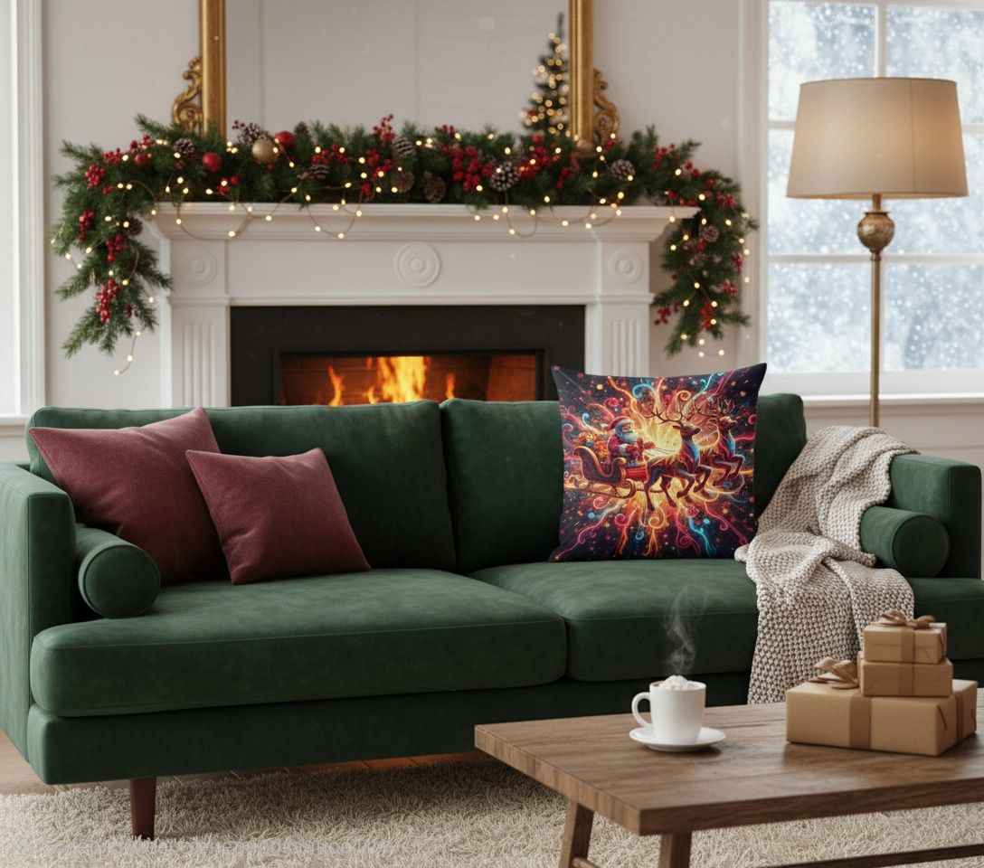 Santa Sleigh Throw Pillow | Christmas Reindeer Cushion