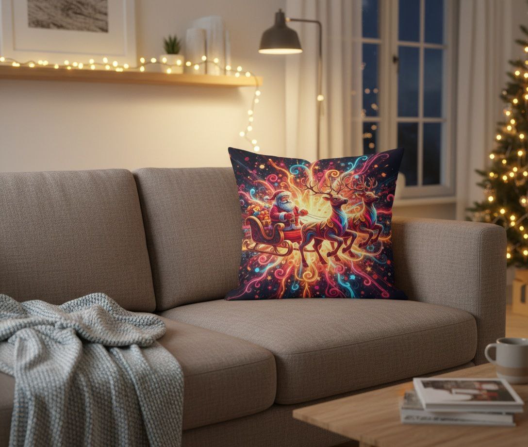 Santa Sleigh Throw Pillow | Christmas Reindeer Cushion