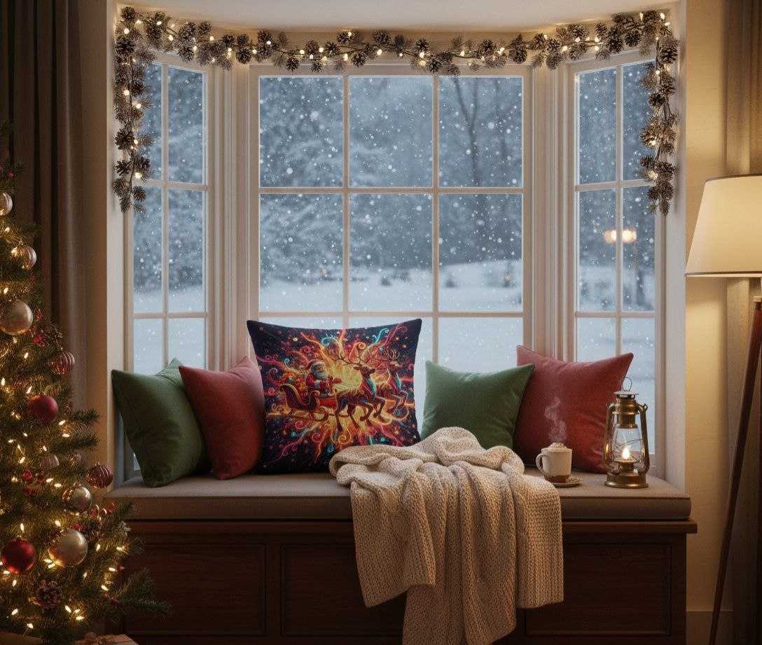 Santa Sleigh Throw Pillow | Christmas Reindeer Cushion