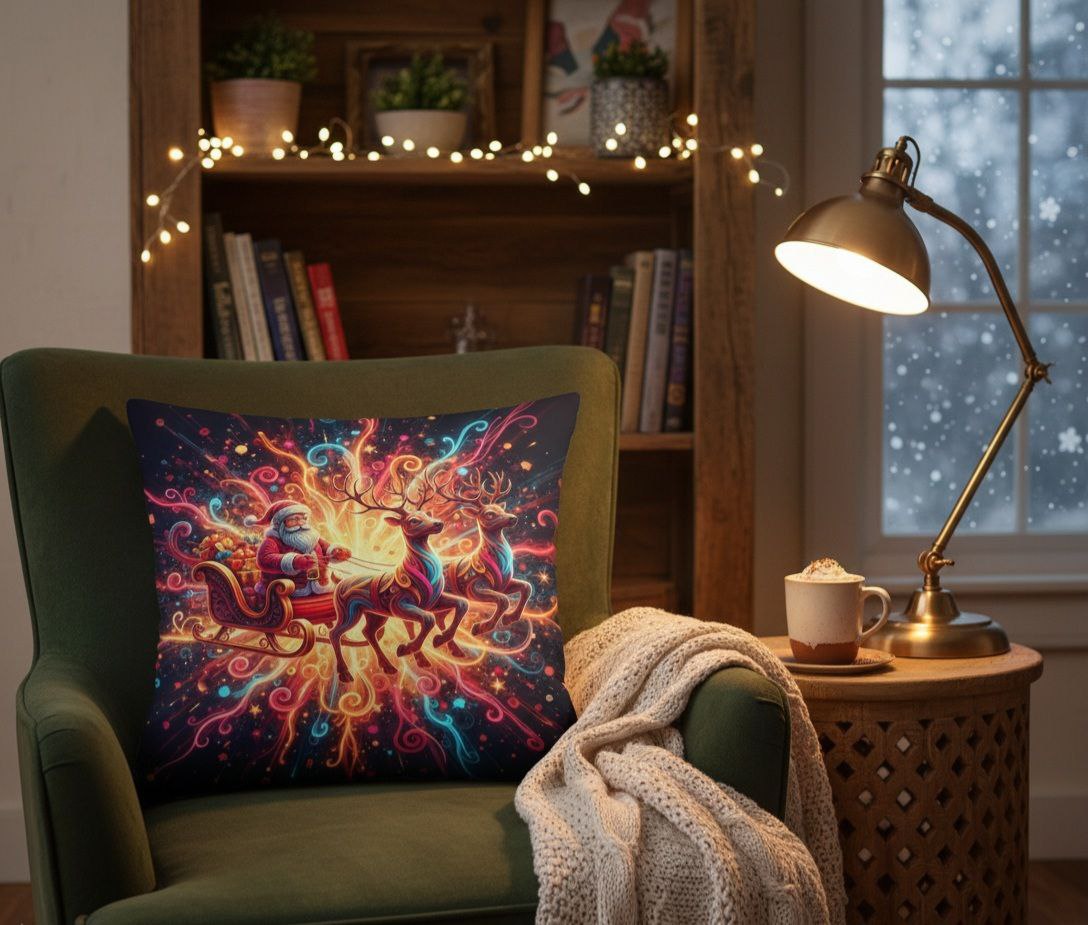 Santa Sleigh Throw Pillow | Christmas Reindeer Cushion