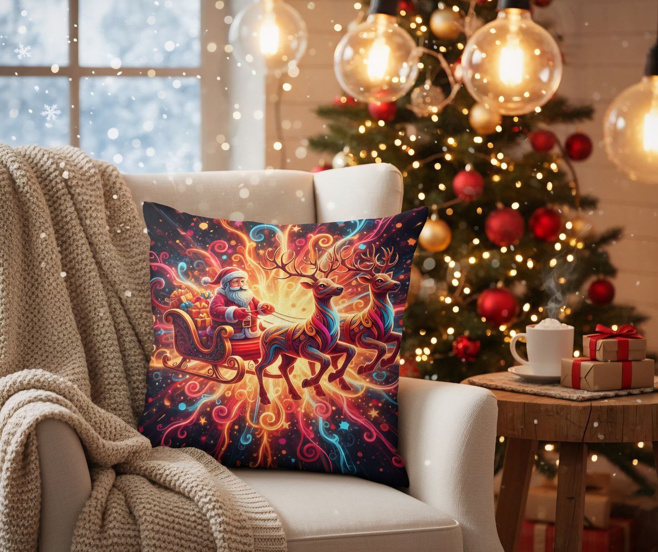 Santa Sleigh Throw Pillow | Christmas Reindeer Cushion
