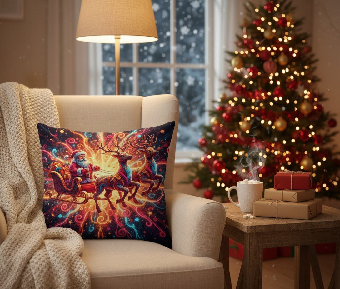 Santa Sleigh Throw Pillow | Christmas Reindeer Cushion