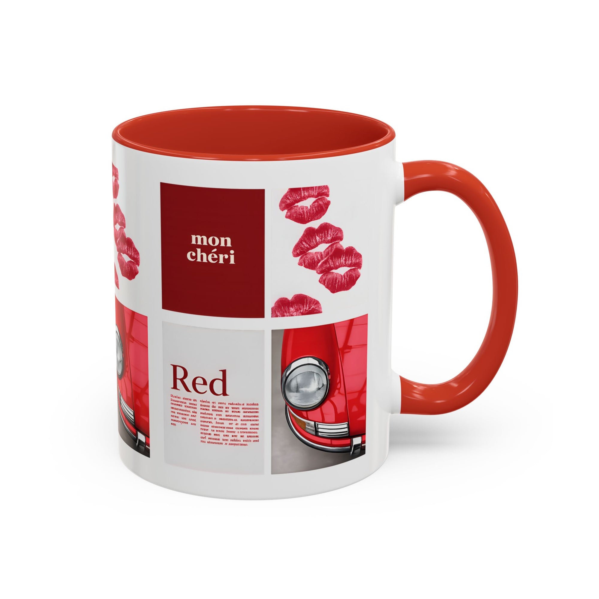 Red Mug | Vintage Car & Kiss Print Coffee Cup | Colorful Ceramic