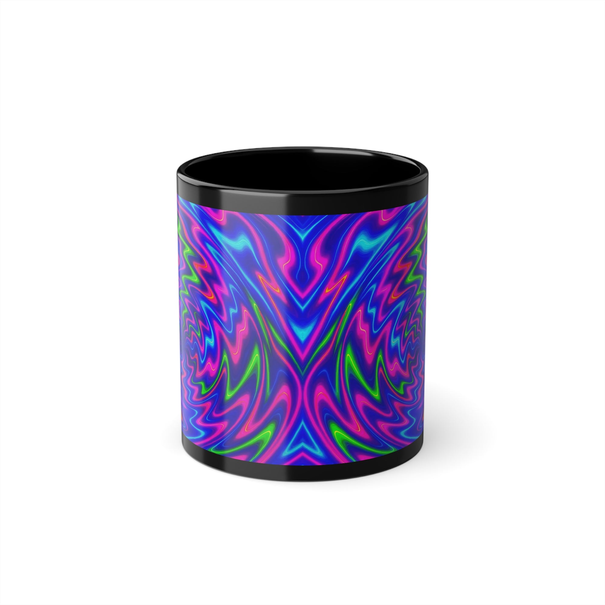 Psychedelic Swirl Coffee Mug | Vibrant Abstract Cup | Colorful Black Ceramic Drinkware Gift for Art Lovers & Creatives