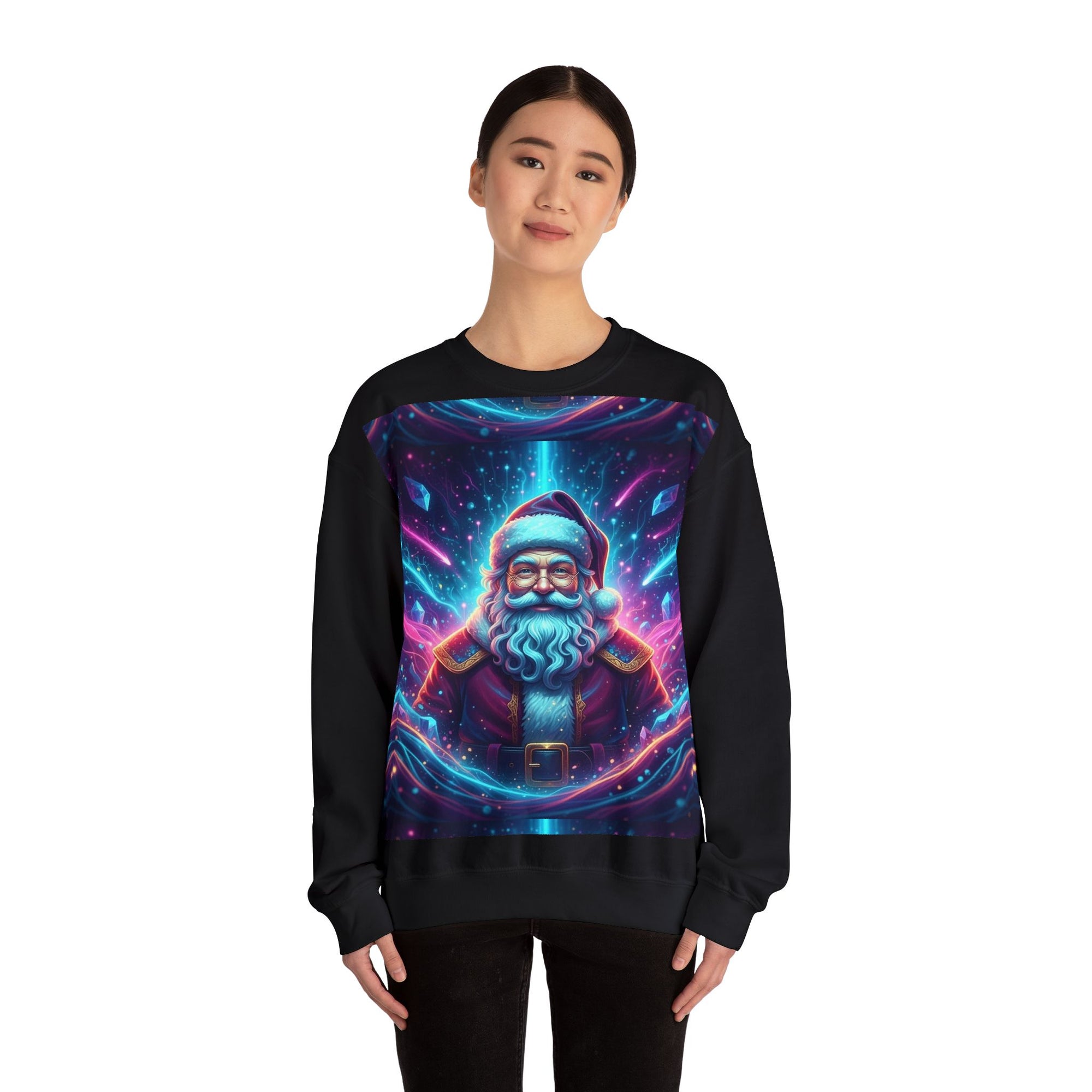 Neon Cosmic Santa Sweatshirt | Retro Futuristic Holiday Crew
