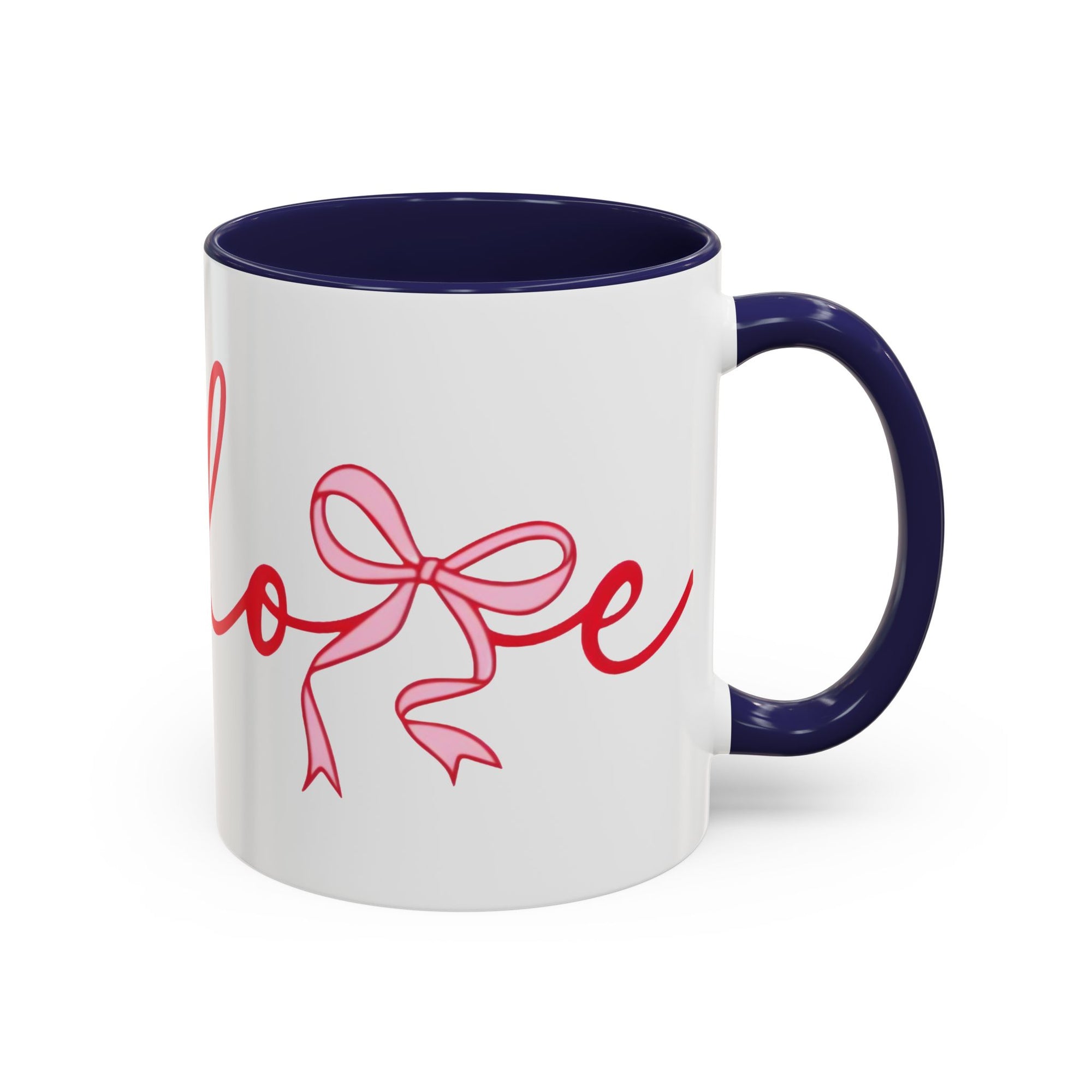 Romantic Love Mug | White Ceramic Coffee Cup with Red Bow Design, Colored Handle