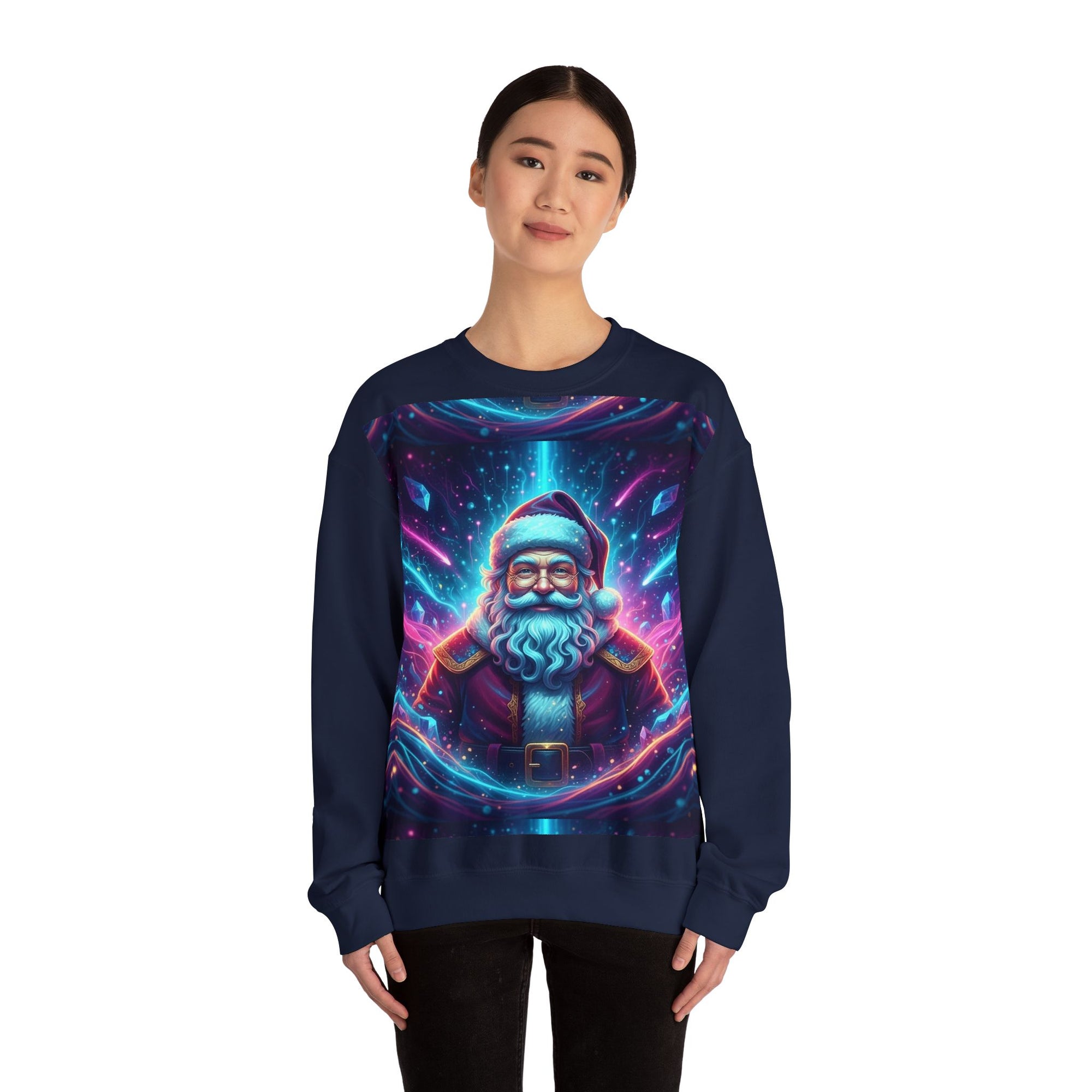 Neon Cosmic Santa Sweatshirt | Retro Futuristic Holiday Crew