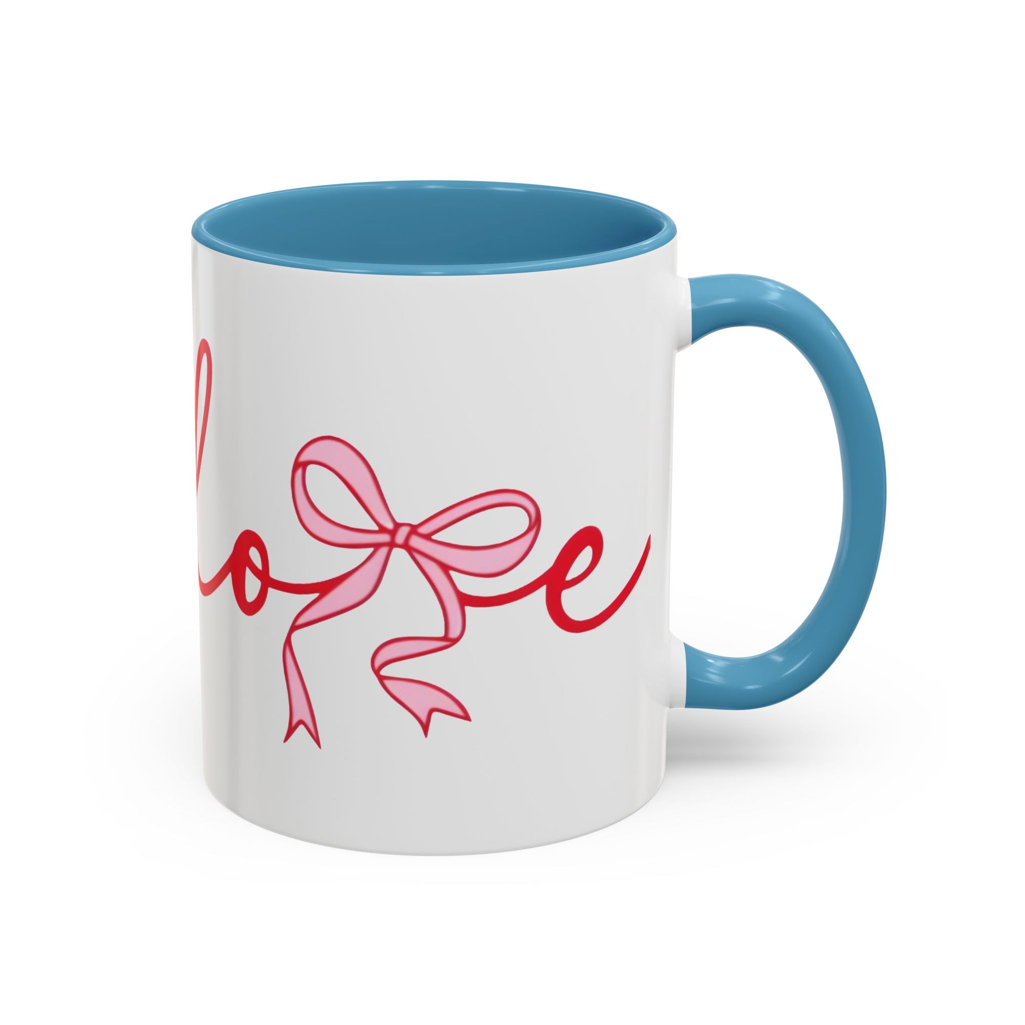 Romantic Love Mug | White Ceramic Coffee Cup with Red Bow Design, Colored Handle
