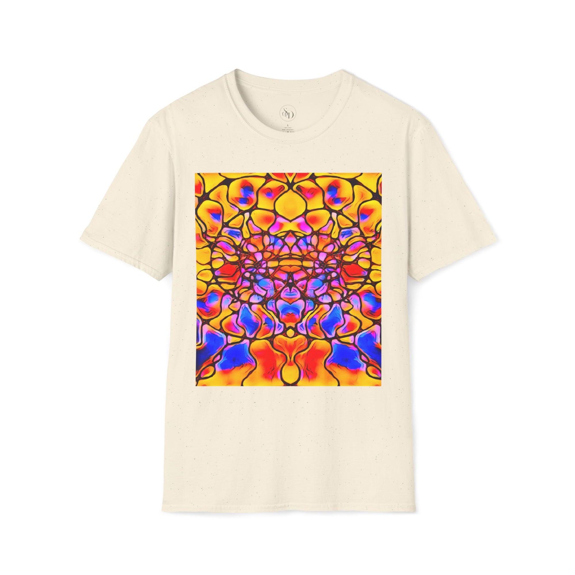 Energetic cotton t-shirt with vivid abstract design, radiates color, power, and inner fire