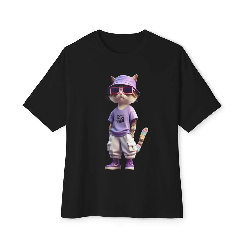Cool Cat Graphic Oversized Tee – Purple Bucket Hat Streetwear T-Shirt