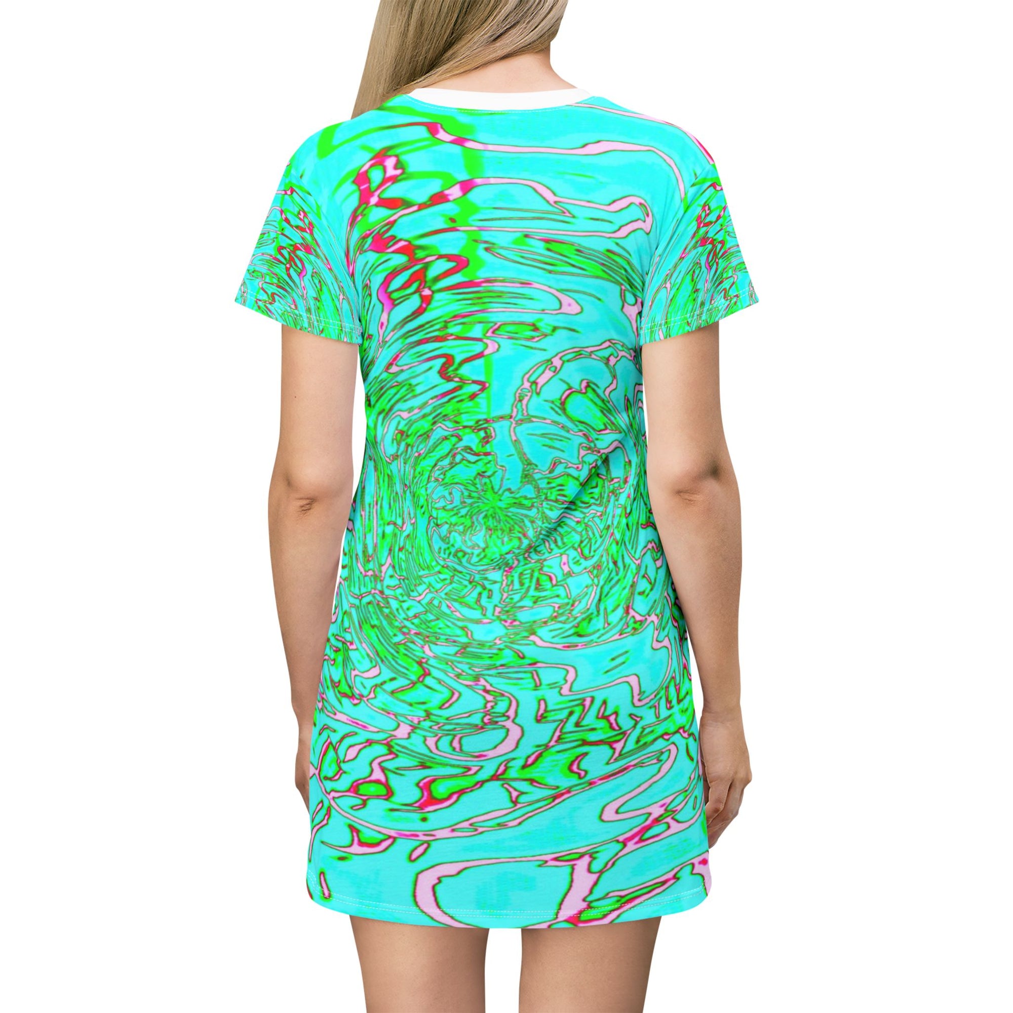 Aqua Neon Swirl T-Shirt Dress | Vibrant Green Marble Festival Outfit | Summer Party Wear