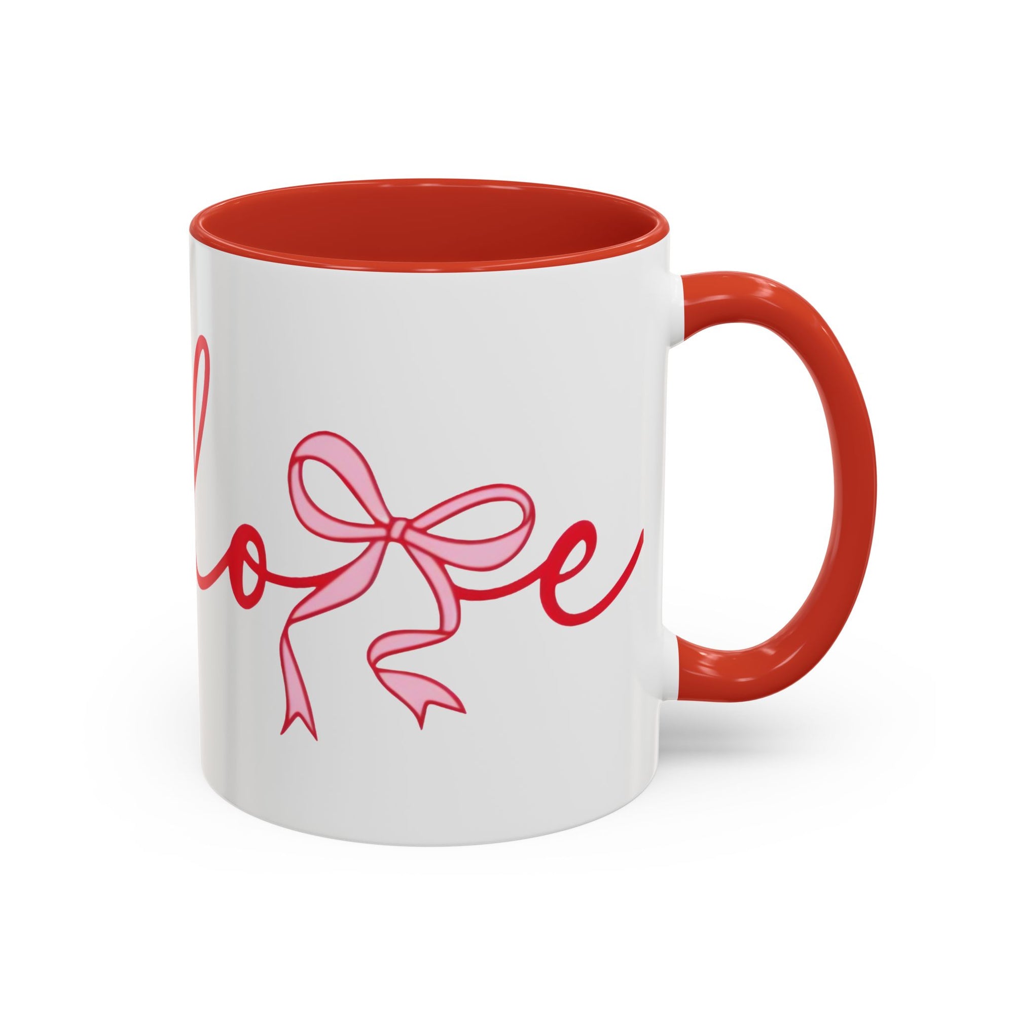 Romantic Love Mug | White Ceramic Coffee Cup with Red Bow Design, Colored Handle