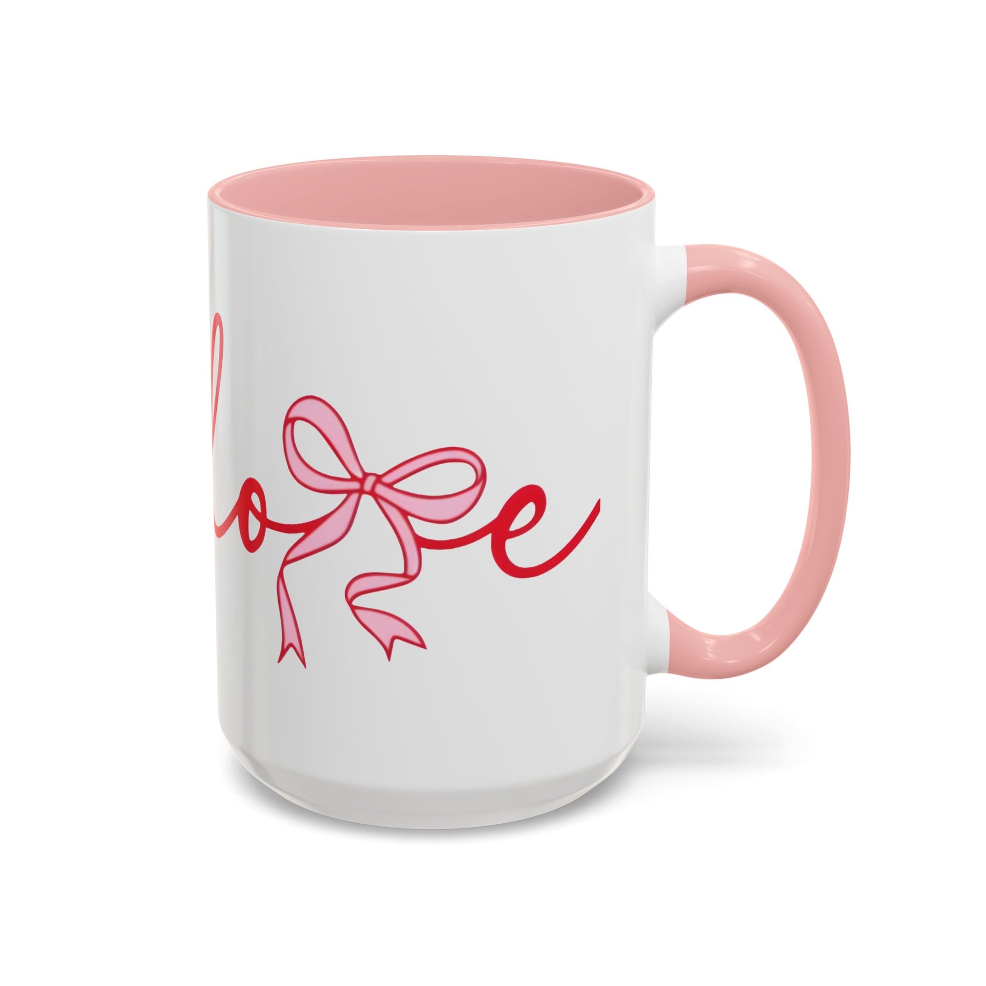 Romantic Love Mug | White Ceramic Coffee Cup with Red Bow Design, Colored Handle