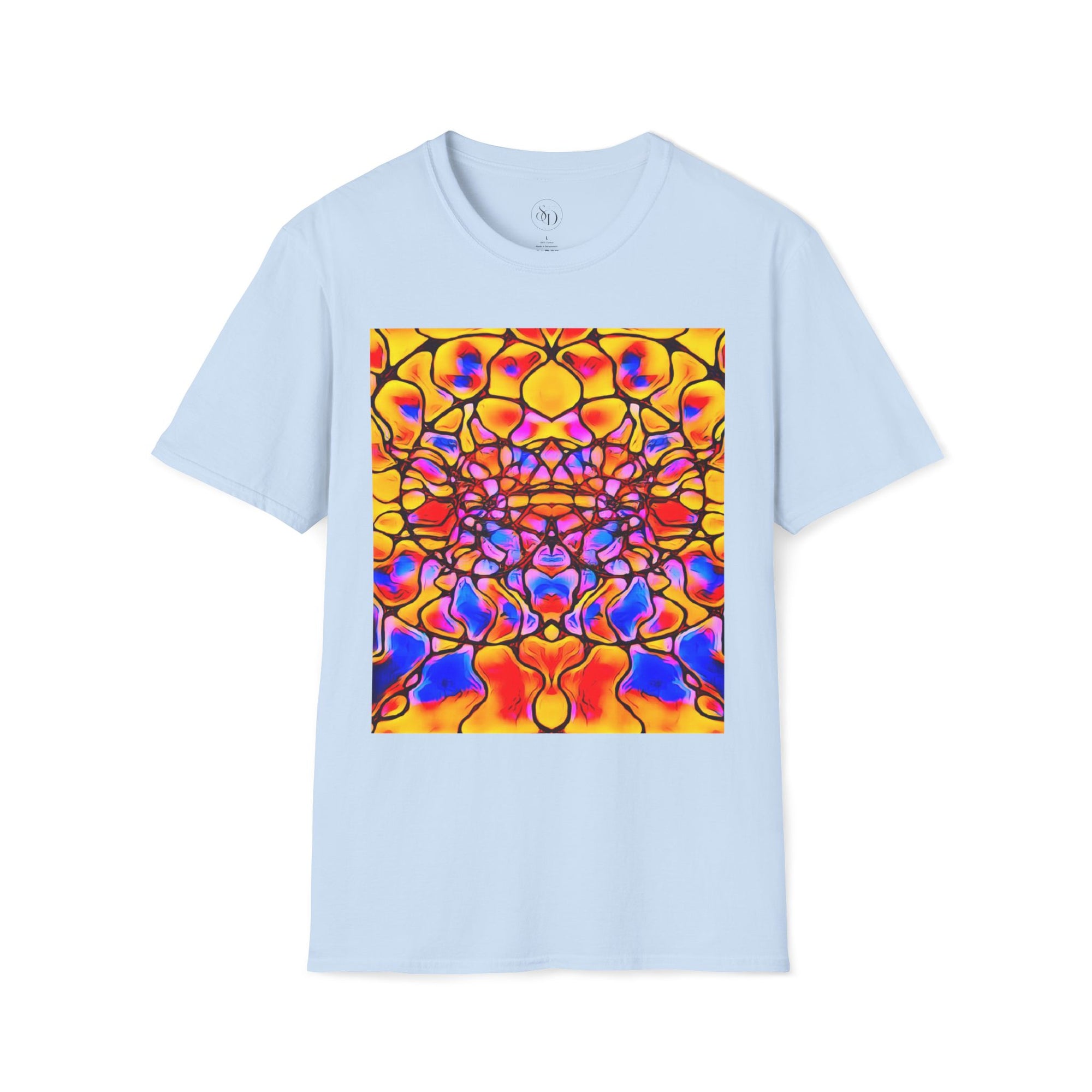Energetic cotton t-shirt with vivid abstract design, radiates color, power, and inner fire
