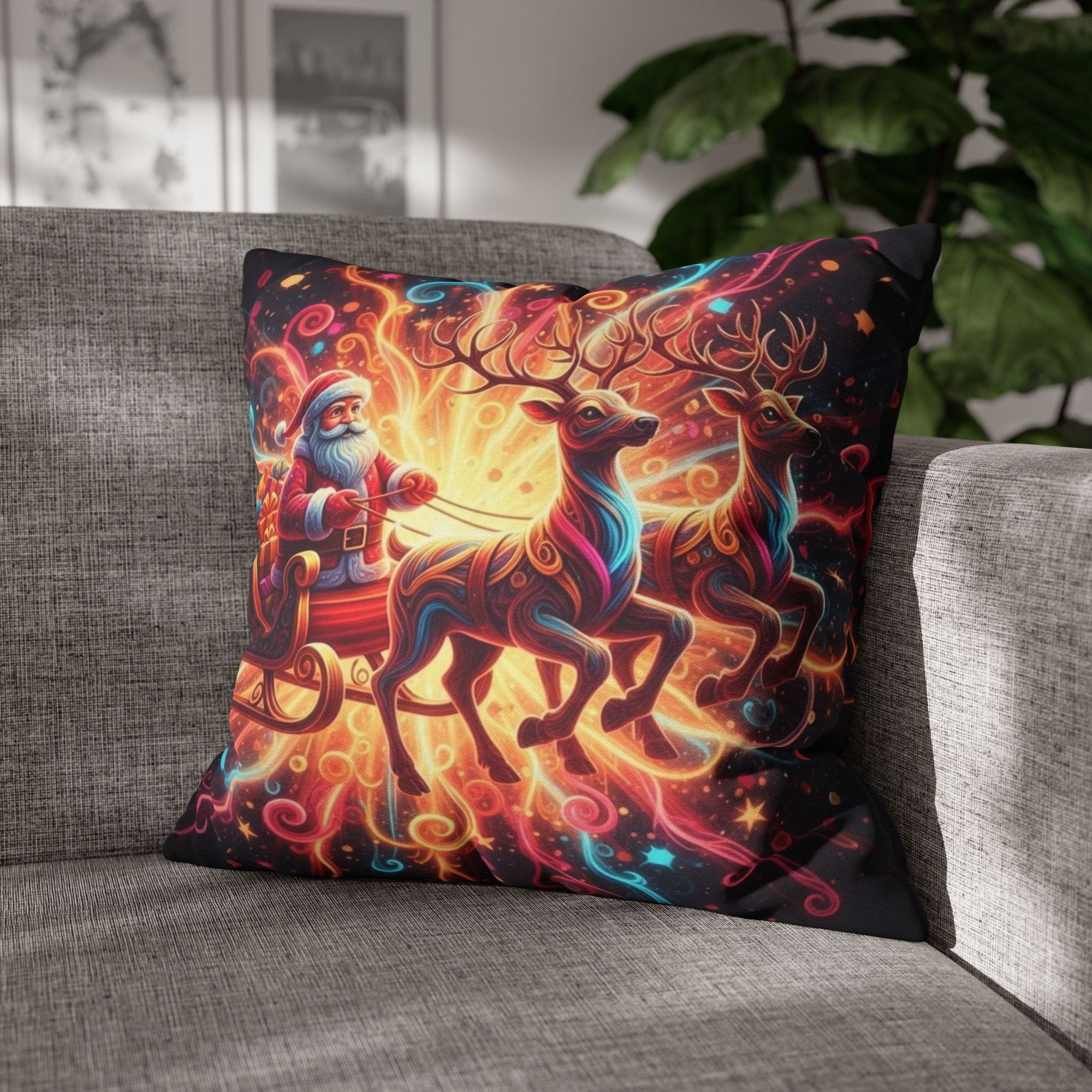 Santa Sleigh Throw Pillow | Christmas Reindeer Cushion
