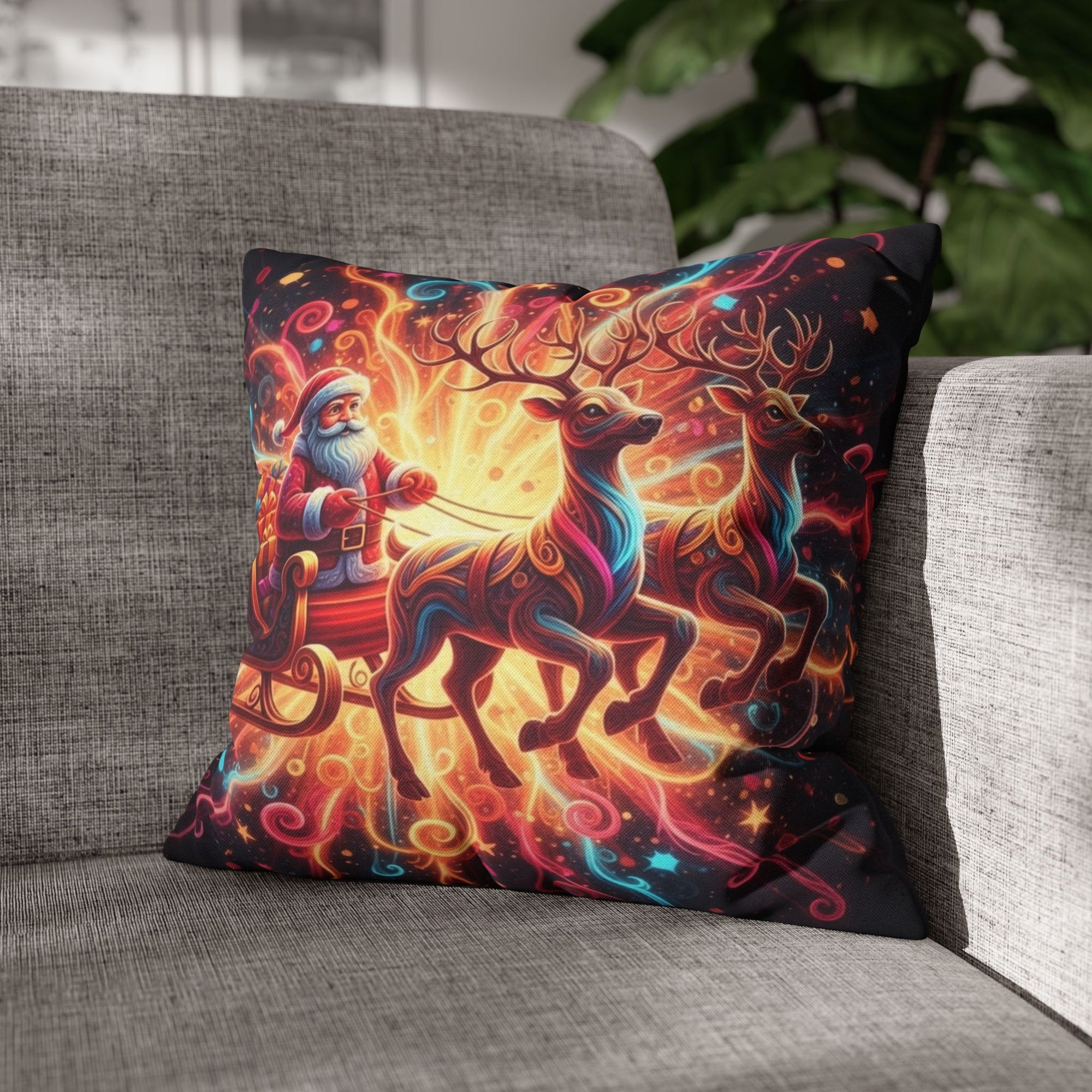 Santa Sleigh Throw Pillow | Christmas Reindeer Cushion