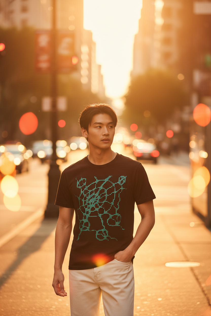 Black regular-fit T-shirt with a bold abstract teal graphic resembling an interconnected geometric network or circuit pattern on the chest, worn on a sun-flooded city sidewalk at golden hour — Studio DeLuz graphic tee for men.