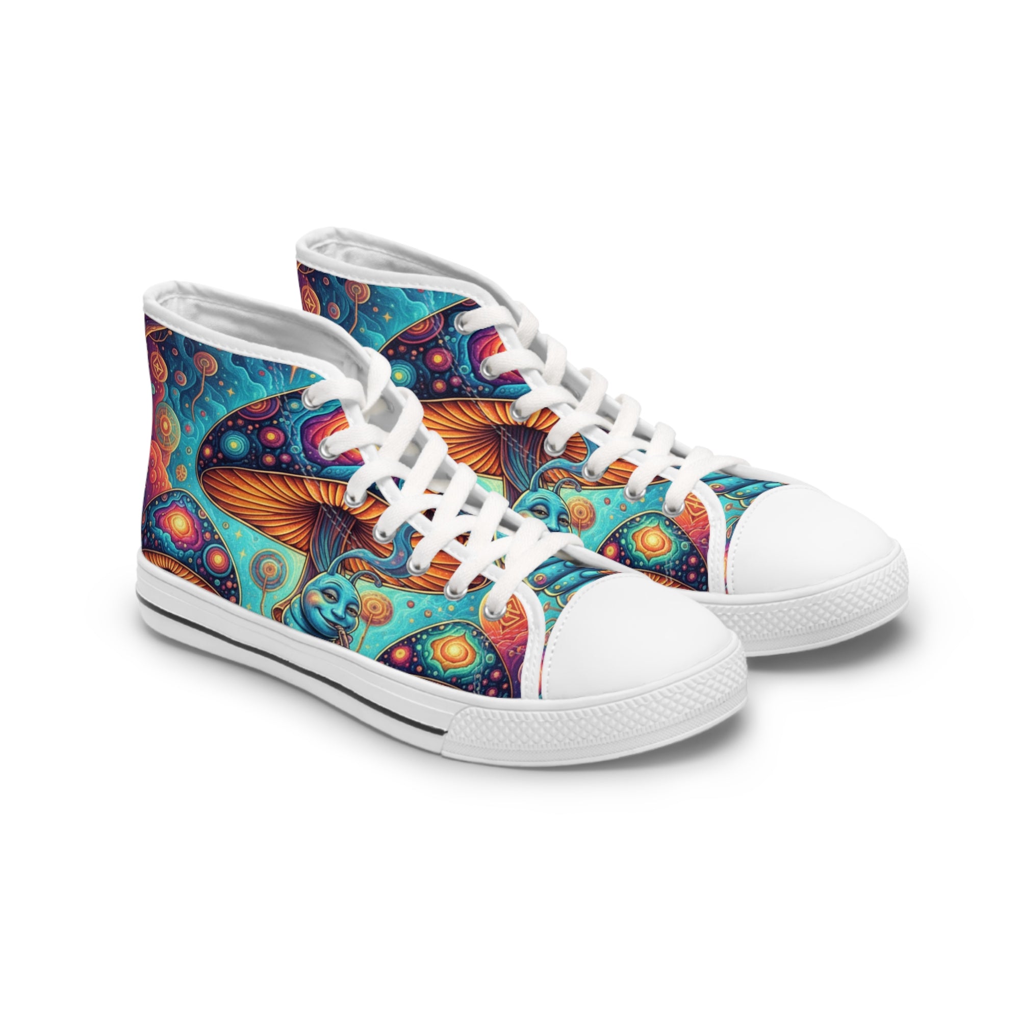 Colorful Psychedelic Mushroom Art High Top Sneakers | Trippy Botanical Pattern