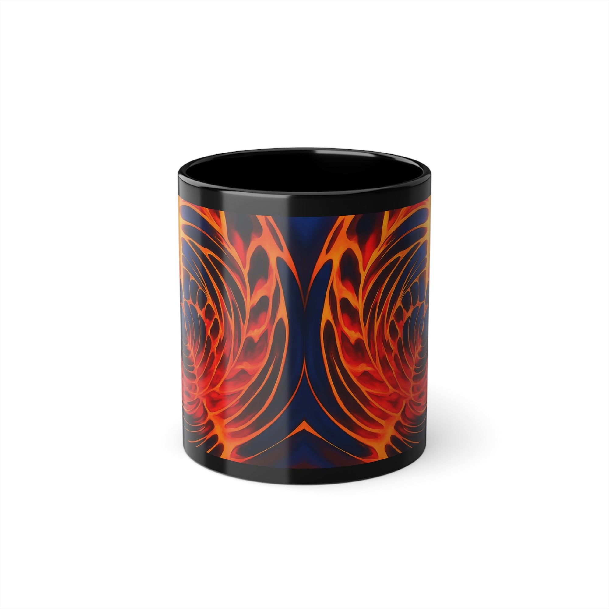 Black Abstract Fire Swirl Mug | Vibrant 11oz Ceramic Coffee Cup | Trippy Psychedelic Drinkware | Unique Art Gift for Coffee & Color Lovers