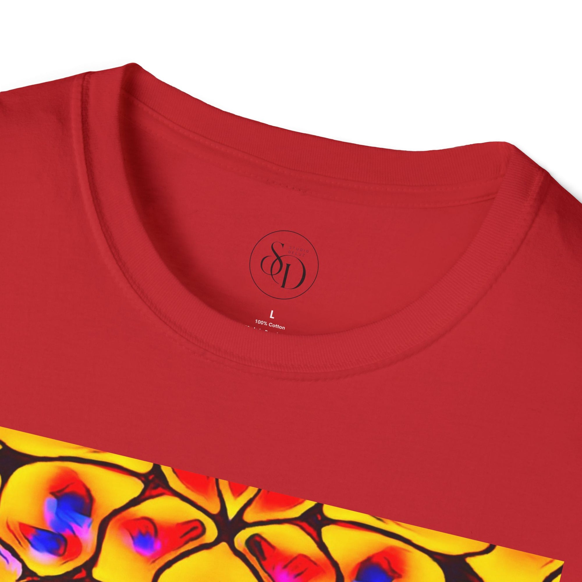 Energetic cotton t-shirt with vivid abstract design, radiates color, power, and inner fire