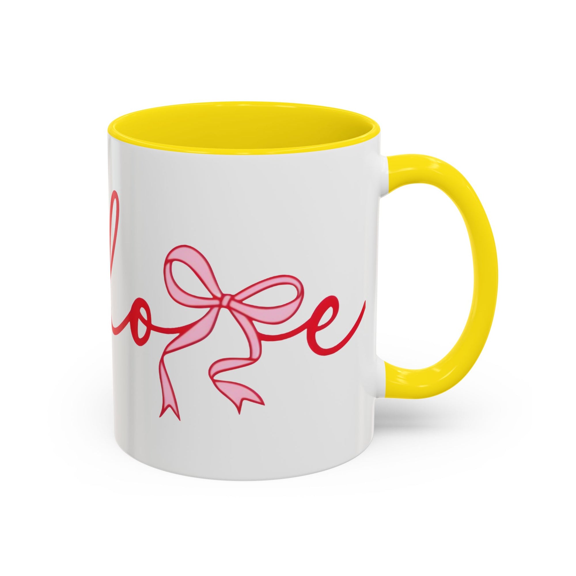 Romantic Love Mug | White Ceramic Coffee Cup with Red Bow Design, Colored Handle