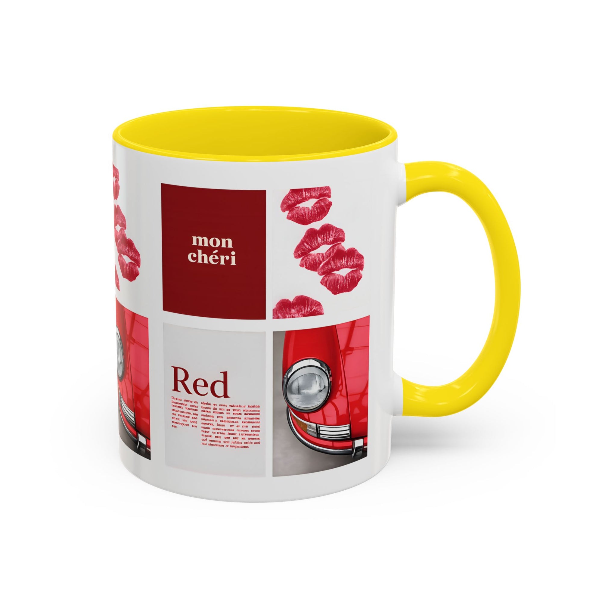 Red Mug | Vintage Car & Kiss Print Coffee Cup | Colorful Ceramic