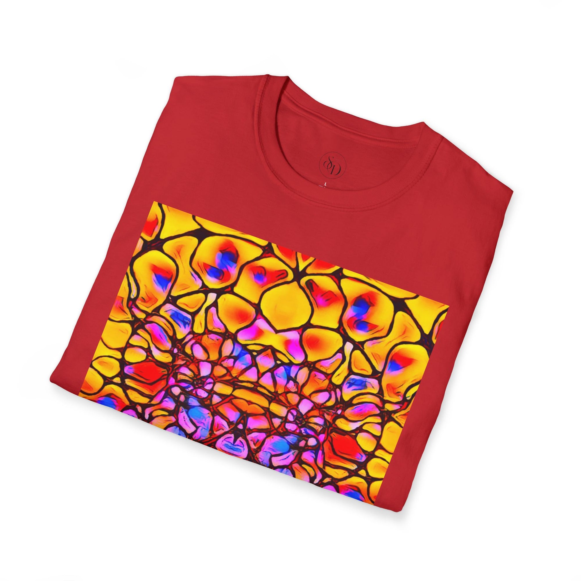 Energetic cotton t-shirt with vivid abstract design, radiates color, power, and inner fire