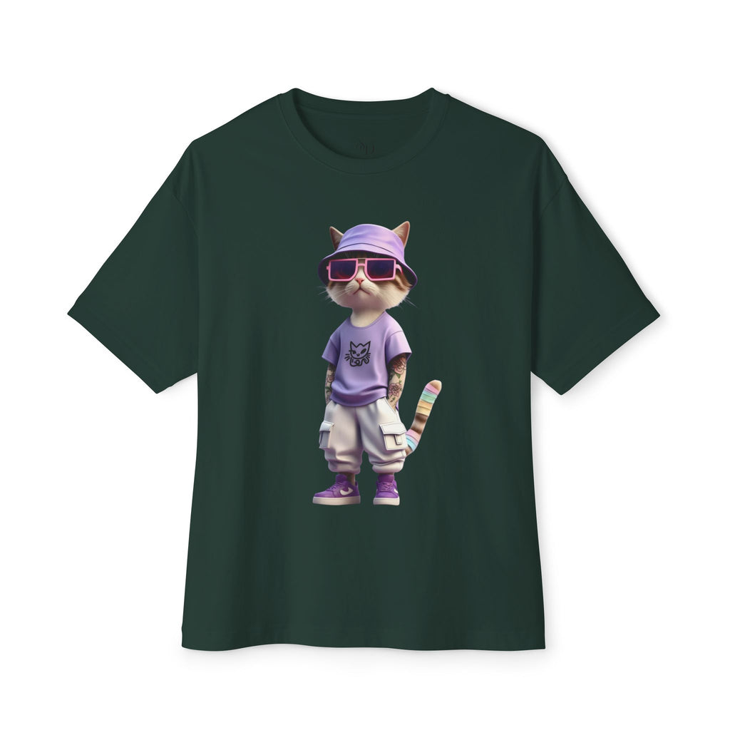 Cool Cat Graphic Oversized Tee – Purple Bucket Hat Streetwear T-Shirt