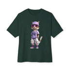 Cool Cat Graphic Oversized Tee – Purple Bucket Hat Streetwear T-Shirt