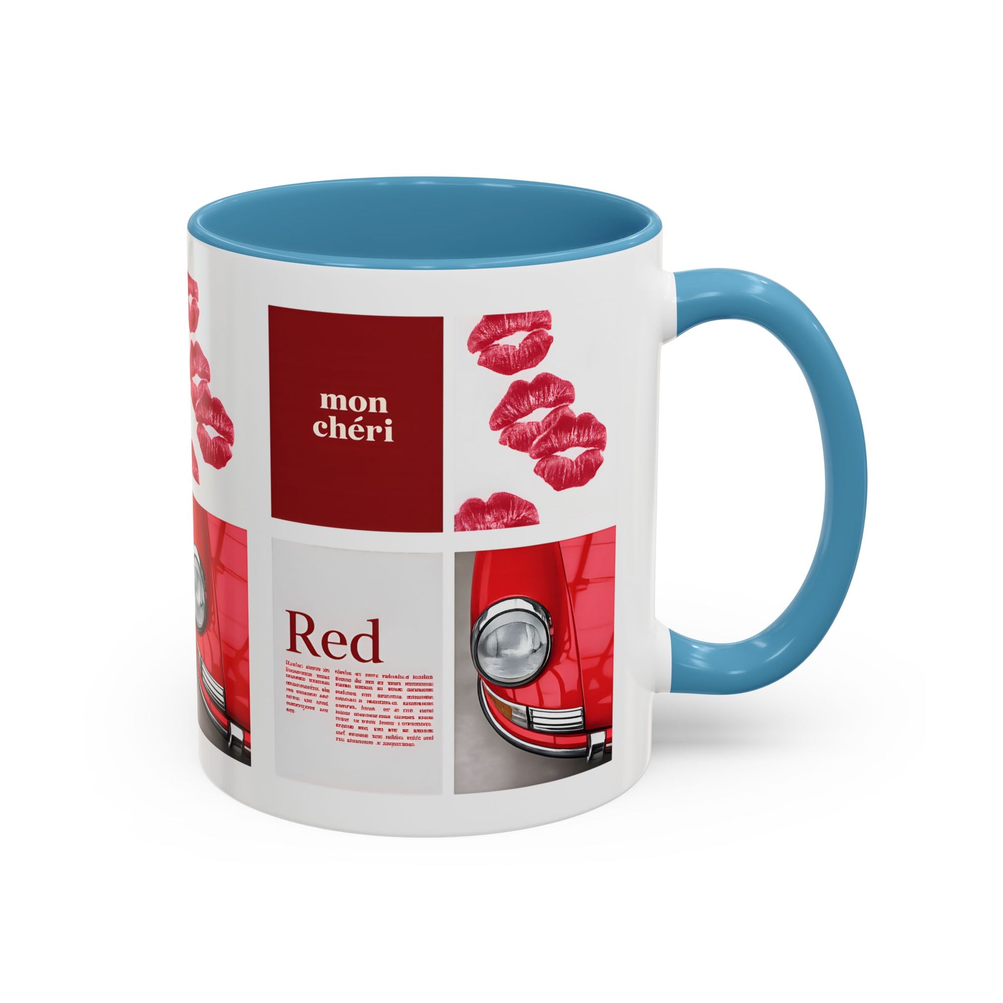 Red Mug | Vintage Car & Kiss Print Coffee Cup | Colorful Ceramic