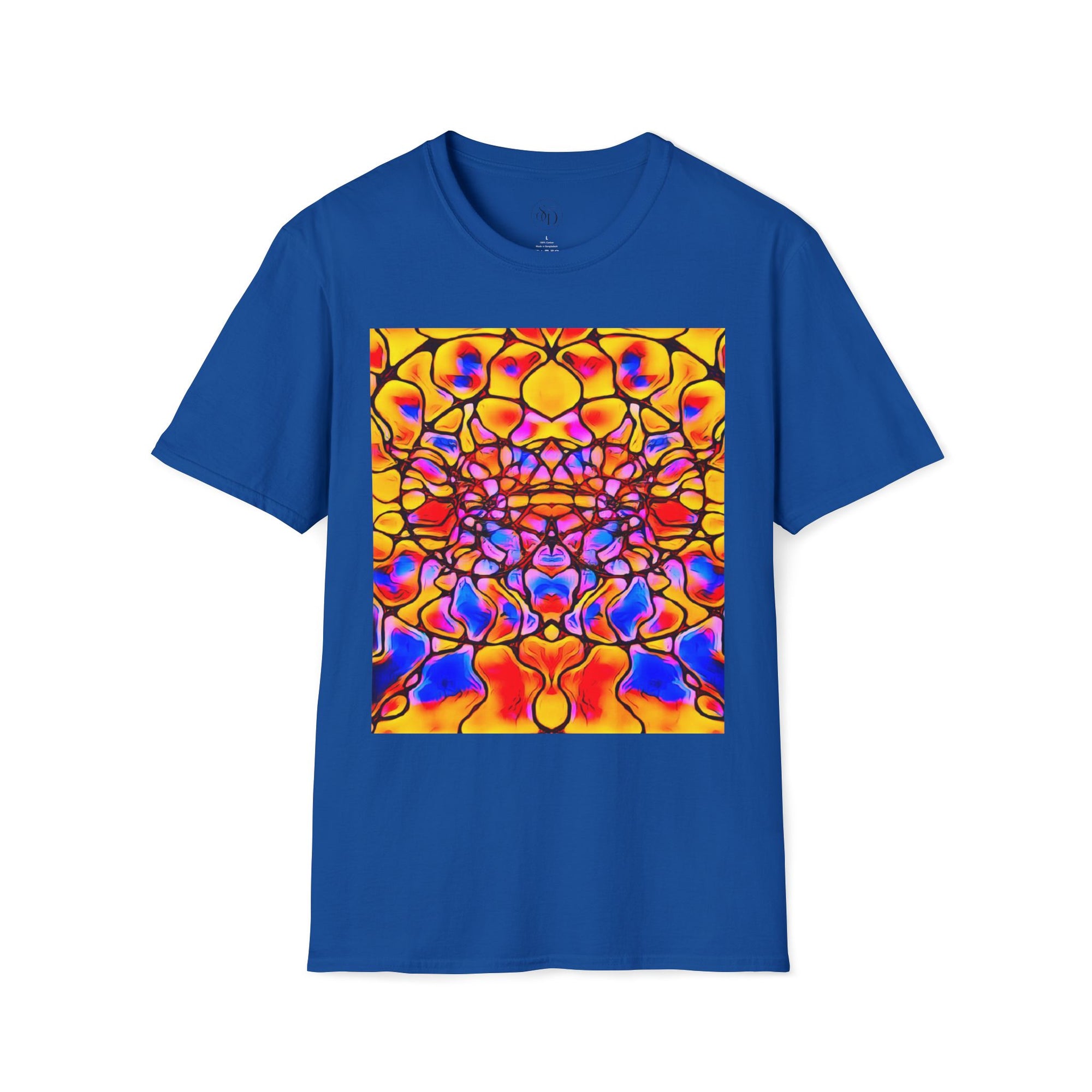 Energetic cotton t-shirt with vivid abstract design, radiates color, power, and inner fire