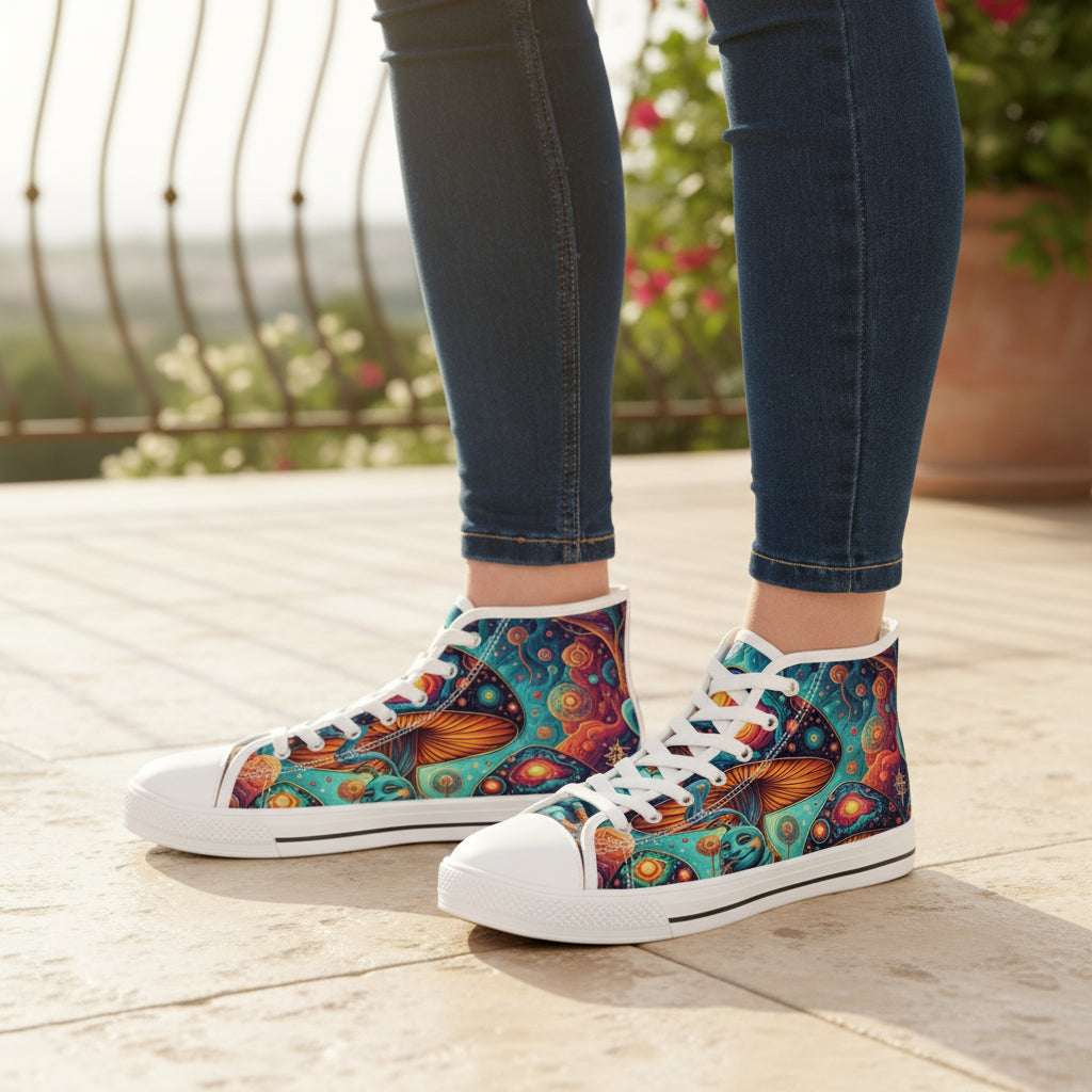 Mushroom Art High Top Sneakers | Colorful Trippy Shoes | Festival Fashion