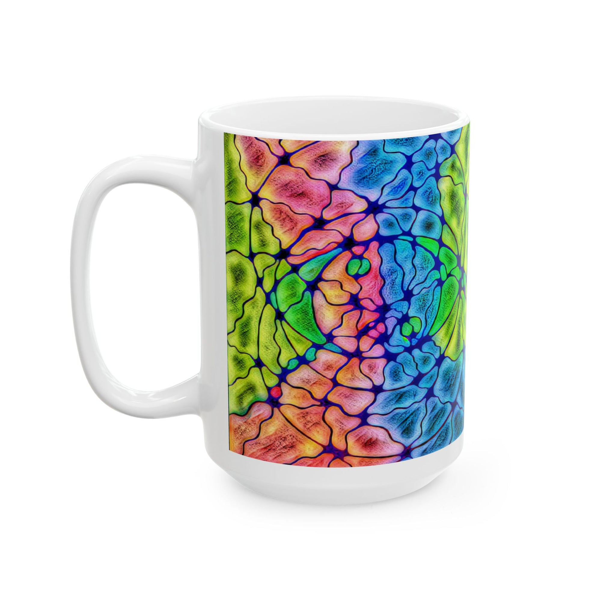 Colorful abstract ceramic mug with multicolor pattern, perfect for coffee or tea lovers, a modern kitchen accent and a unique artistic gift.