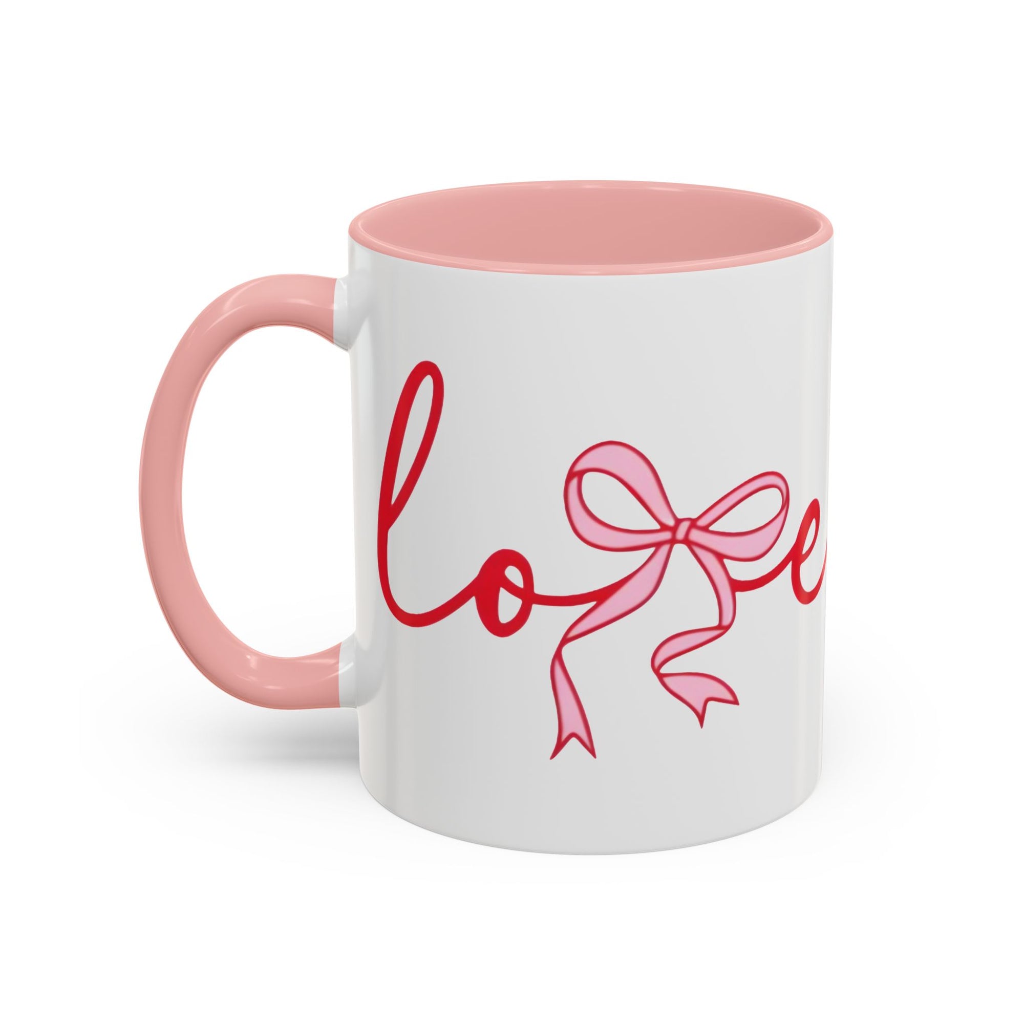 Romantic Love Mug | White Ceramic Coffee Cup with Red Bow Design, Colored Handle