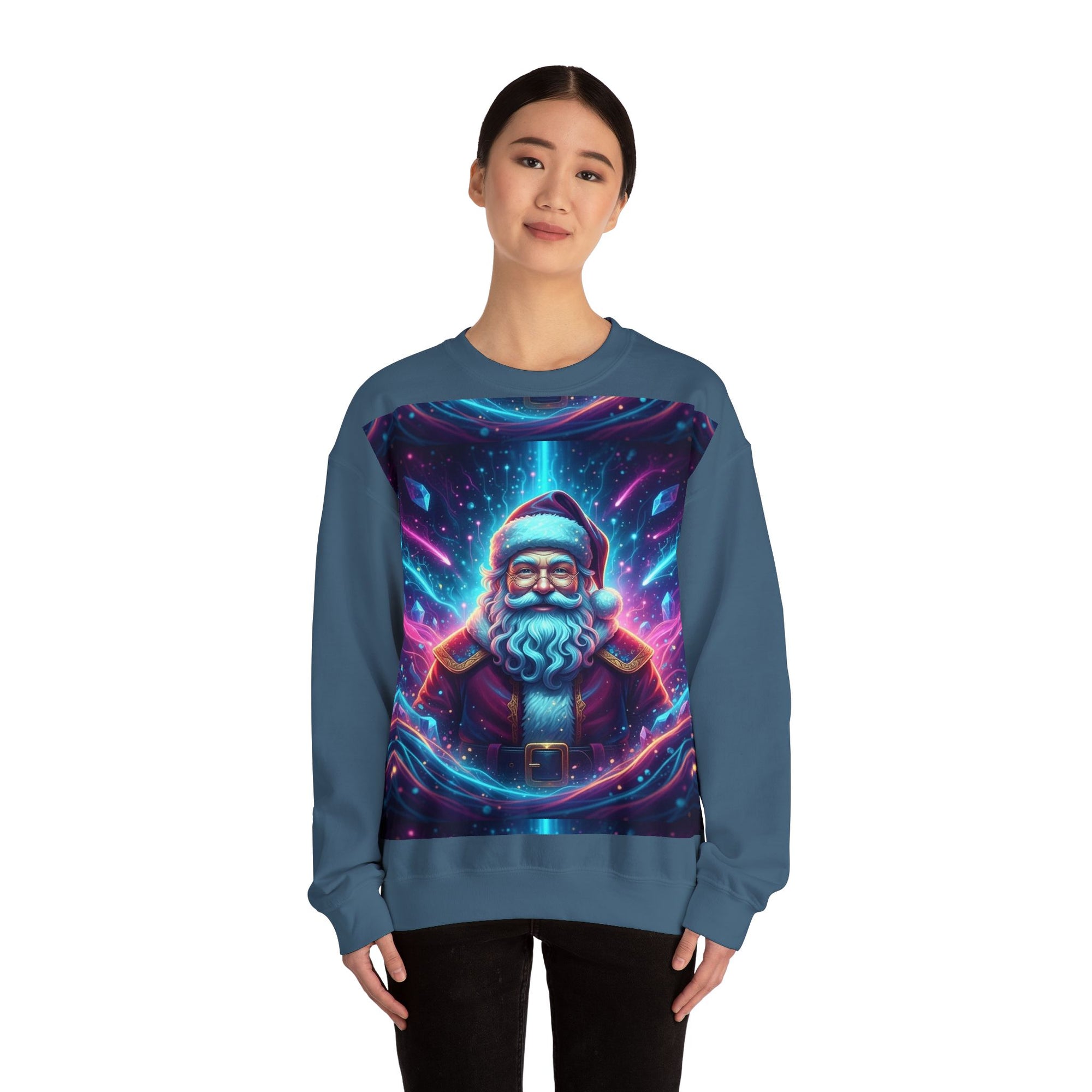 Neon Cosmic Santa Sweatshirt | Retro Futuristic Holiday Crew