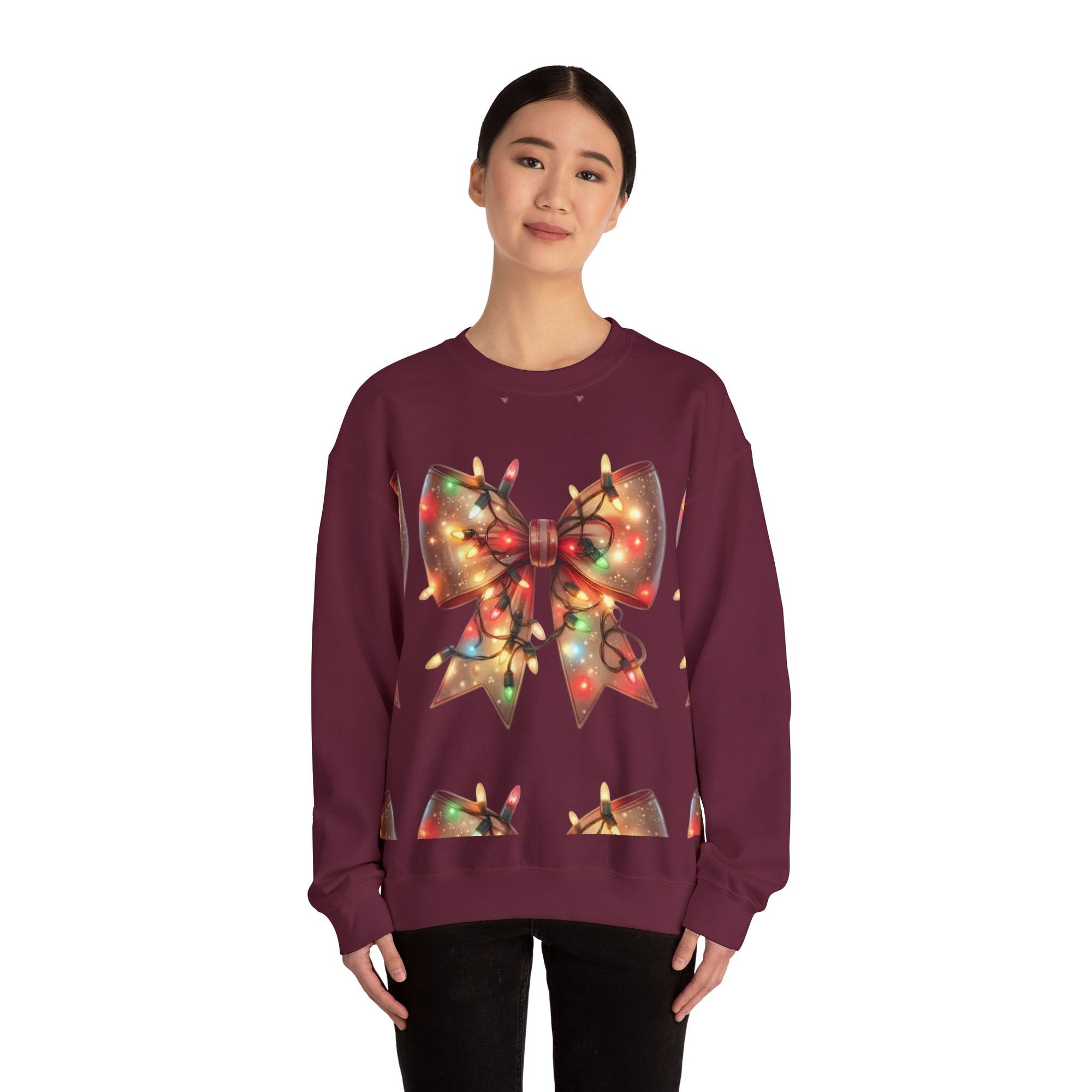 Festive Christmas Bow Sweatshirt | Holiday Lights Ribbon Pullover